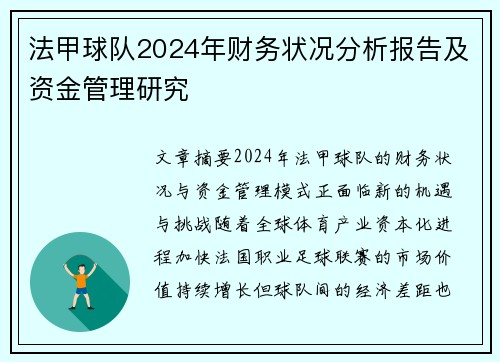 法甲球队2024年财务状况分析报告及资金管理研究