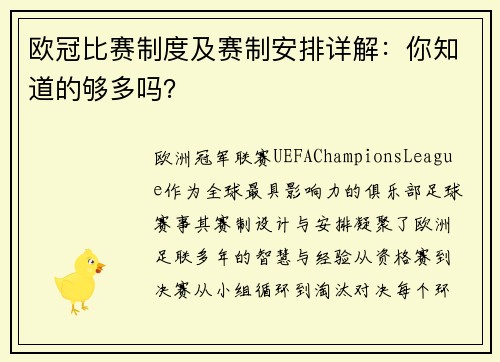 欧冠比赛制度及赛制安排详解：你知道的够多吗？